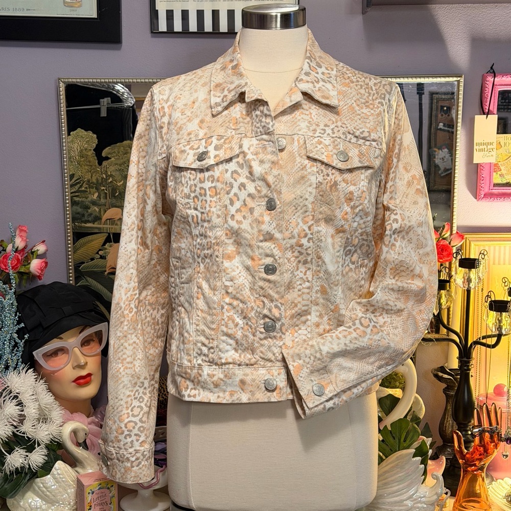 Nine West Jean Jacket Cotton Peach Pastel Leopard Snake Print